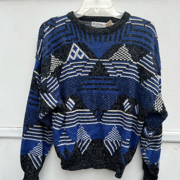 Vintage sweater 80s sz M blue & black geo print Santana dad sweater Grandpa core - Picture 1 of 9